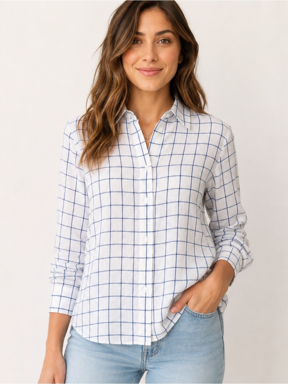 IZOD Linen Blend Women’s Windowpane Button Down Shirt XXL Blue White Coastal EUC